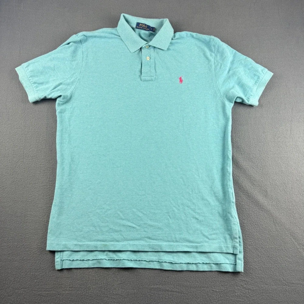 Polo Ralph Lauren Shirt Men's L Teal Pink Pony Short Sleeve Pique Cotton Polo